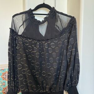 NEW Ramy Brook Black and Gold Sheer Blouse